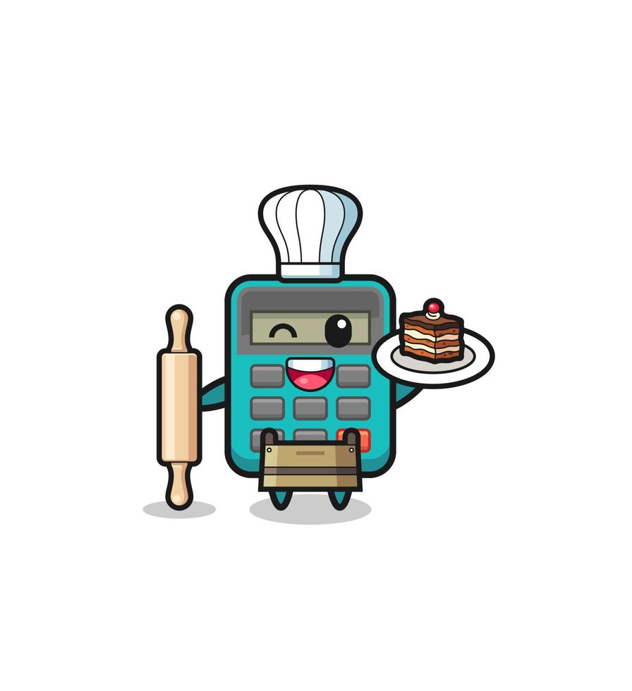 calculator as pastry chef mascot hold rolling pin vector