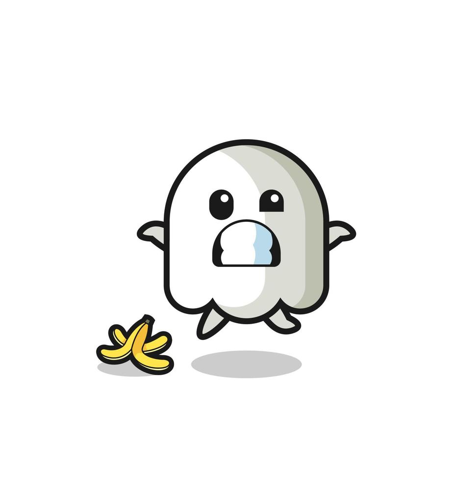 ghost cartoon is slip on a banana peel vector