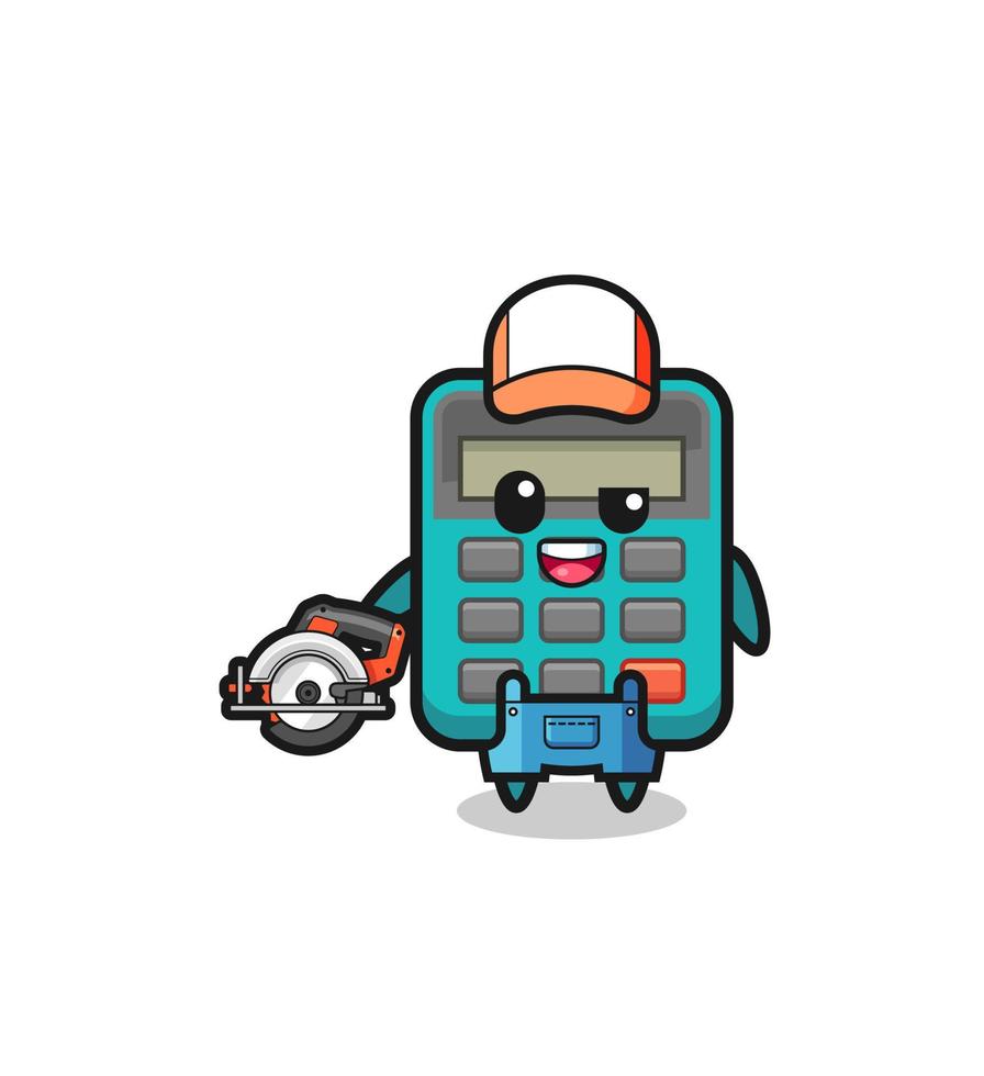 the woodworker calculator mascot holding a circular saw vector