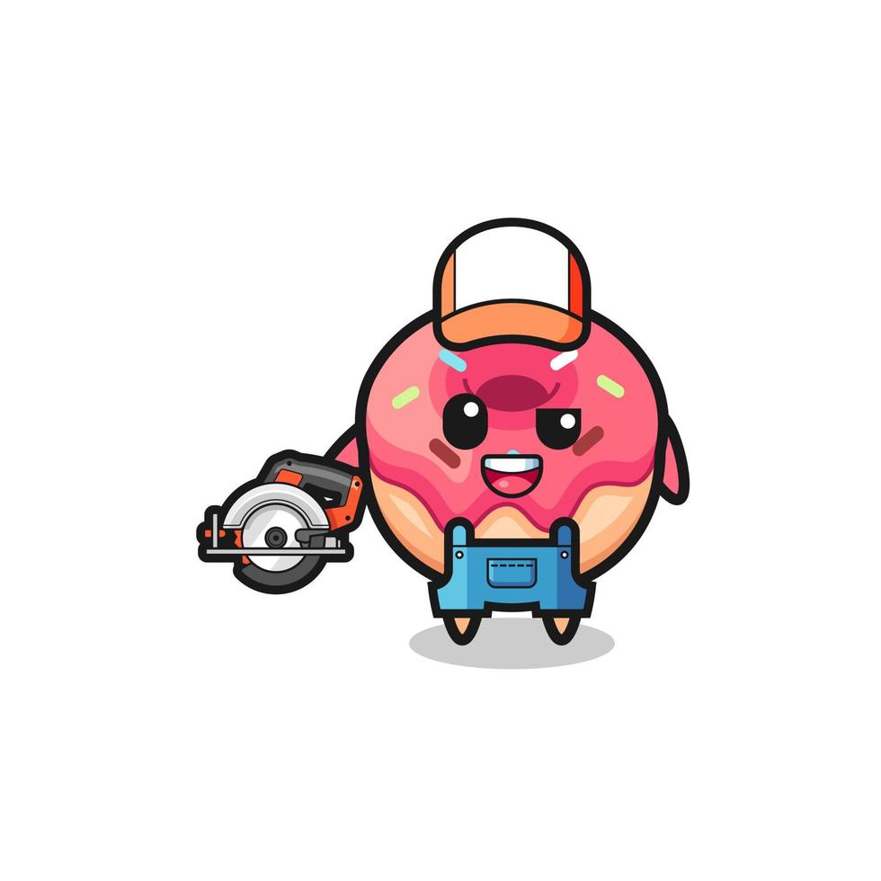 the woodworker doughnut mascot holding a circular saw vector