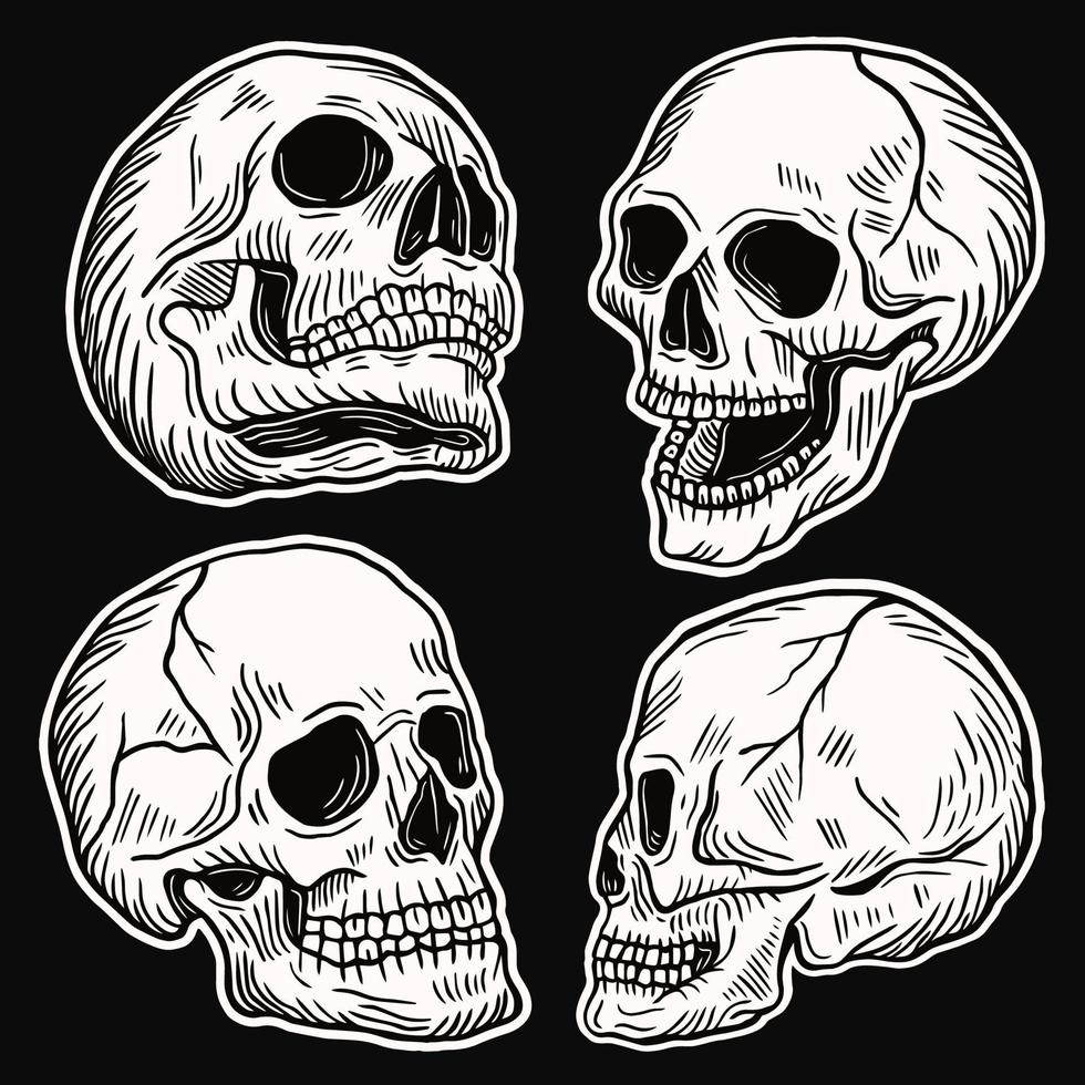 PrintSet Hand drawn Skull Head Dark Art with Different Angel Hatching Outline Style illustration vector