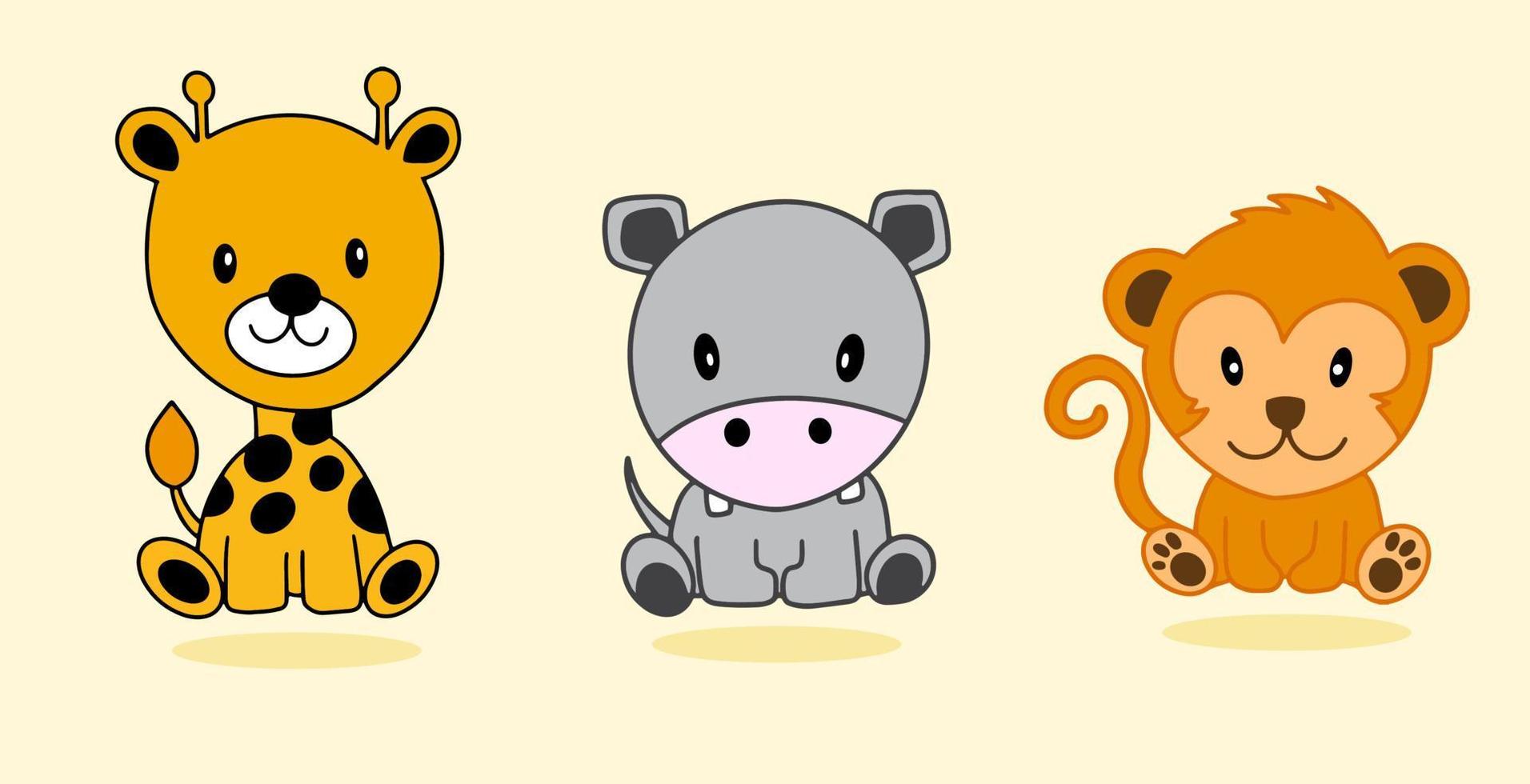 Set of animal character with giraffe hippo monkey cute illustrator vector