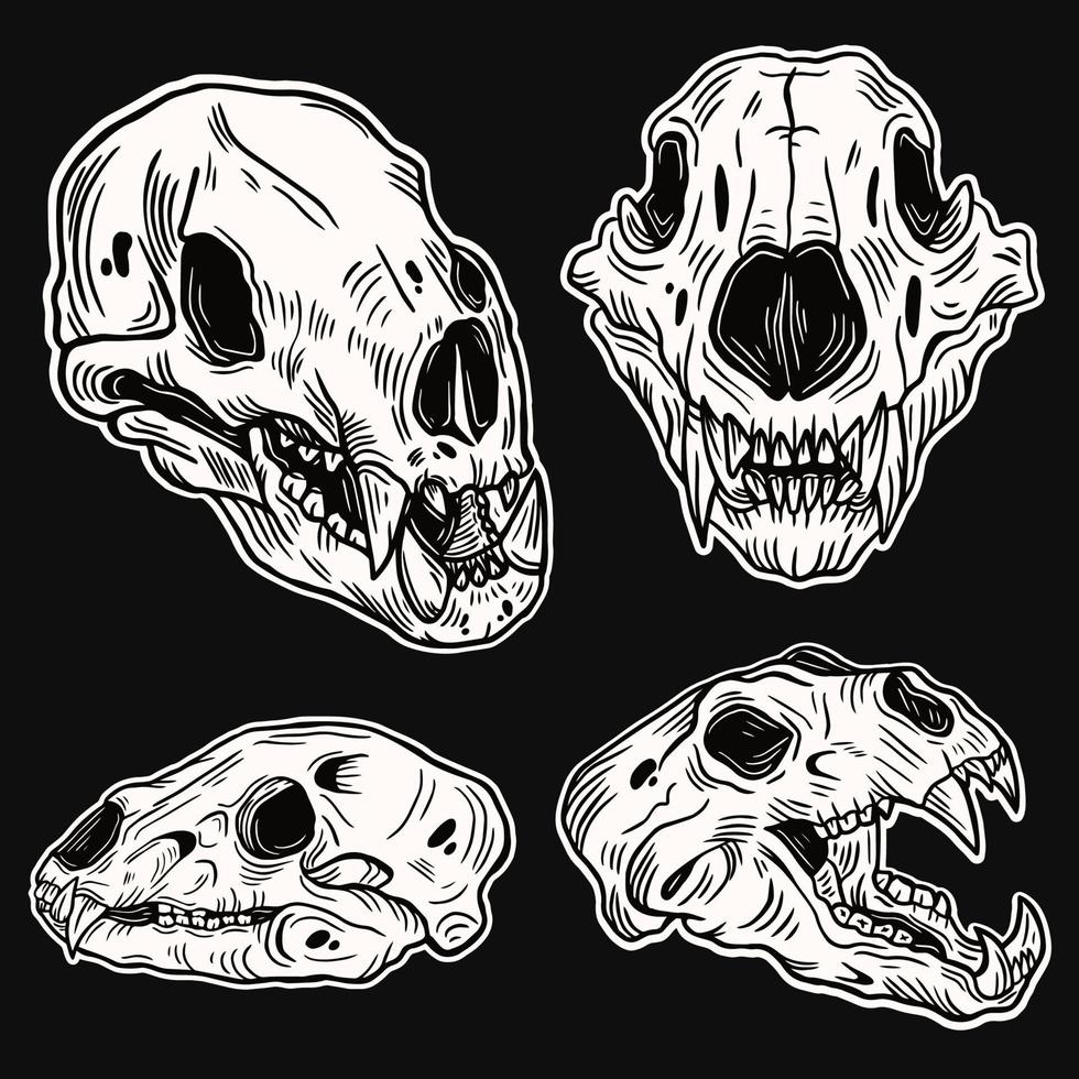 Set Hand drawn Bear Skull Head Dark Art with Different Angel Hatching Outline Style illustration vector