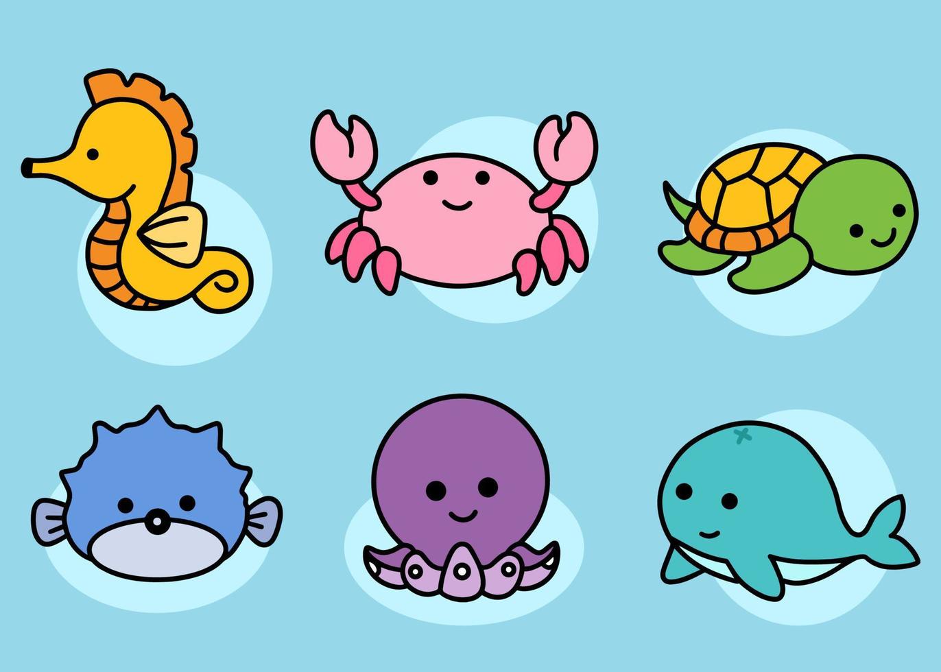 Set Cute Animal Sea Fish Ocean Cartoon Fish, Sea Horse, Crab, Turtle, Puffer, Squid, Octopus, Whale Fish Collection illustration vector