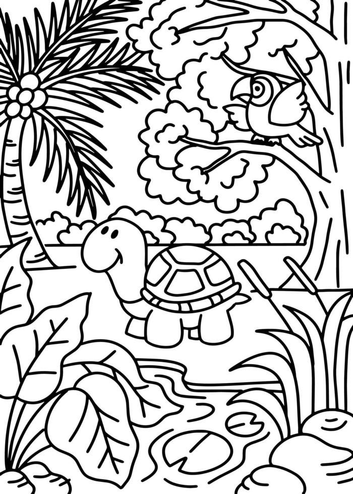 lindo animal para colorear blanco y negro con tortuga y selva de aves con  ilustración de estilo de línea de árbol y hoja 4648655 Vector en Vecteezy