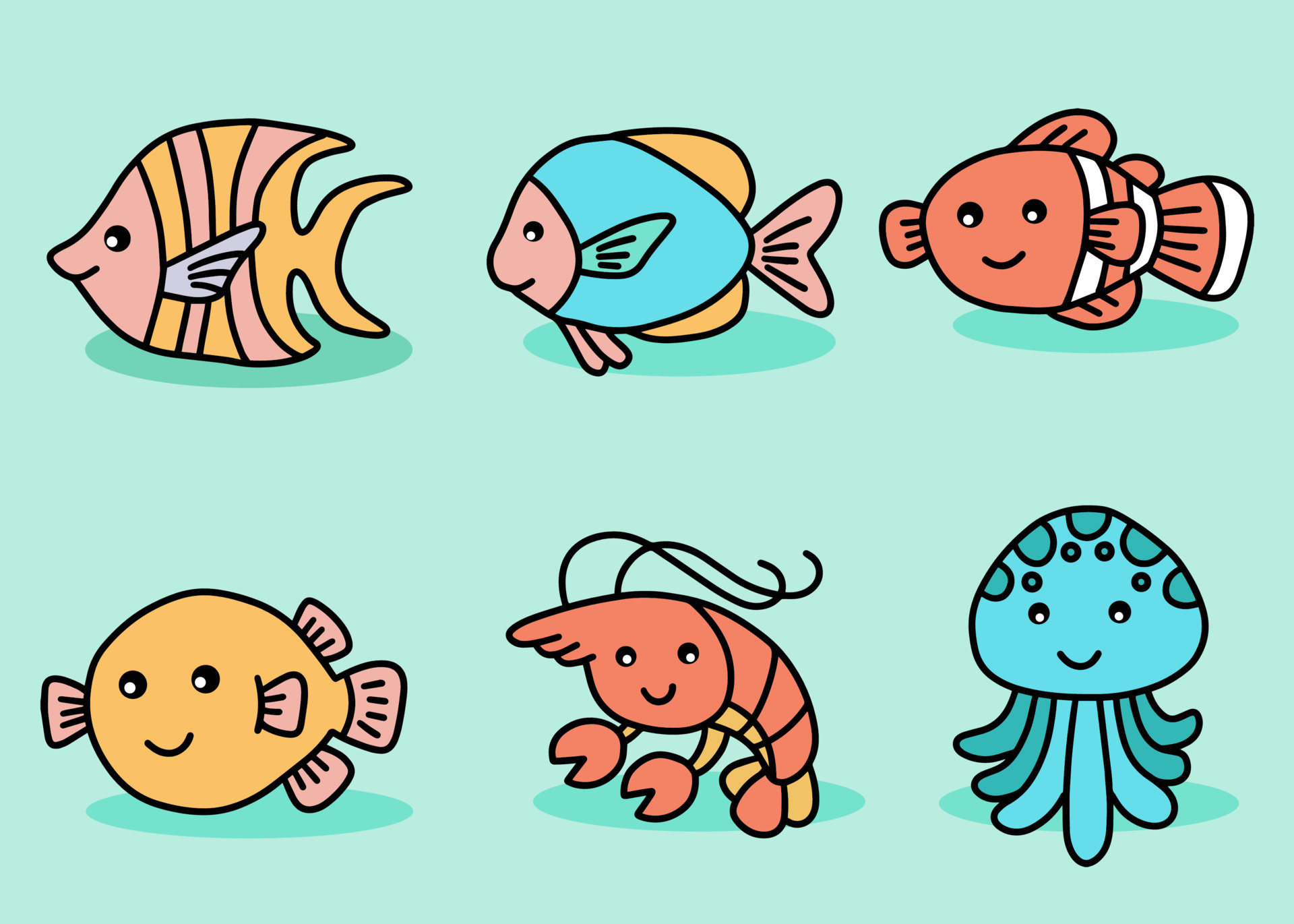 Set Cute Animal Sea Fish Ocean Cartoon Fish, Shrimp, Puffer, Octopus, Clown  Fish Collection illustration 4648658 Vector Art at Vecteezy