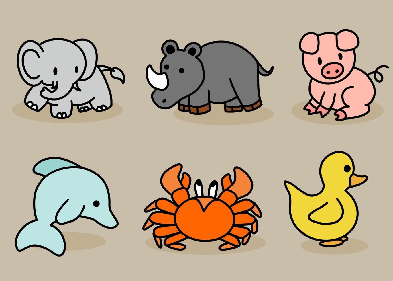 lindo animal set elefante, elefante, rinoceronte, cerdo, delfín, cangrejo, pato dibujos animados de arte lineal vector