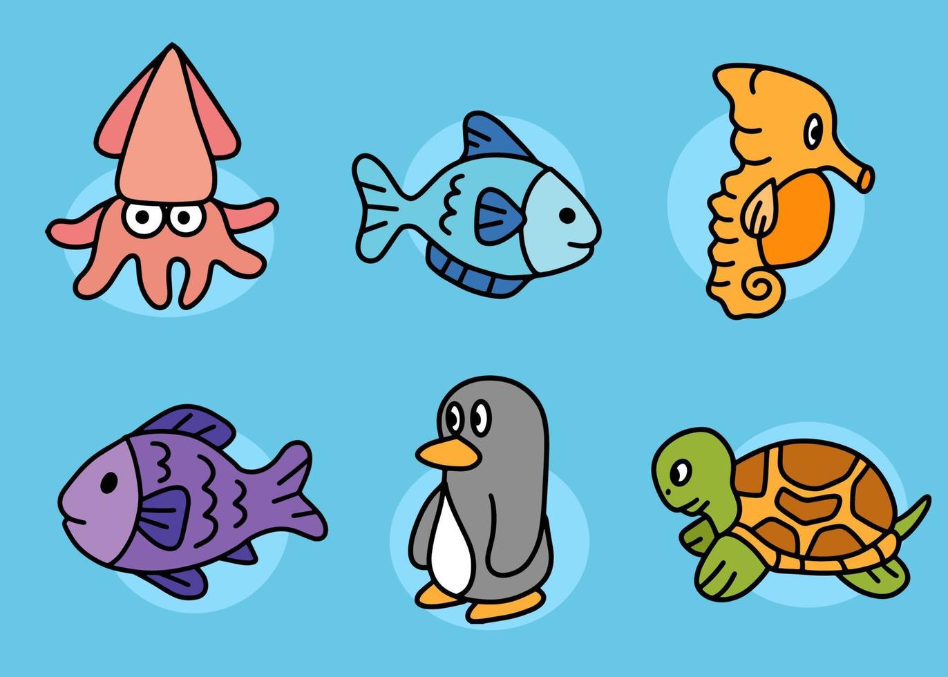 Set Cute Animal Sea Fish Ocean Cartoon Fish, Sea Horse, Crab, Turtle, Penguin, Squid, Octopus Fish Collection illustration vector