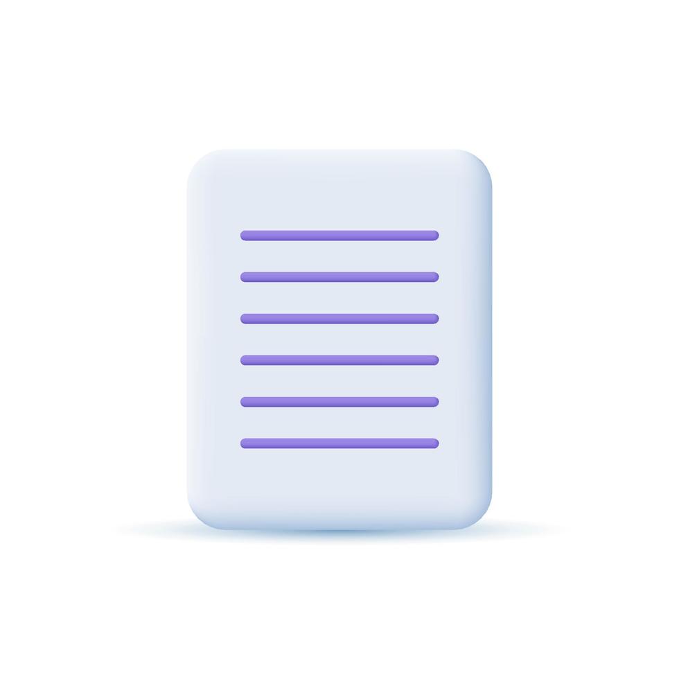 Document icon. File, clipboard, checklist, business, office, finance, work. 3D design concept. Vector illustration
