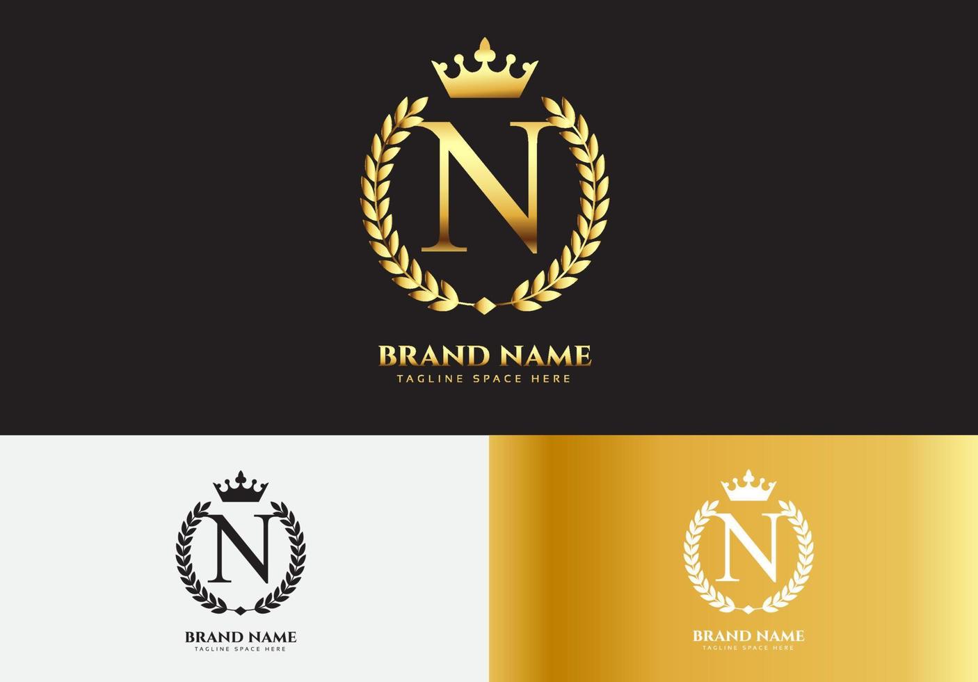 Letra n concepto de logotipo de corona de lujo de oro vector