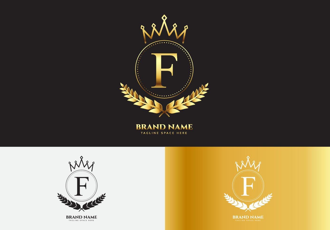 letra f, oro, lujo, corona, logotipo, concepto vector