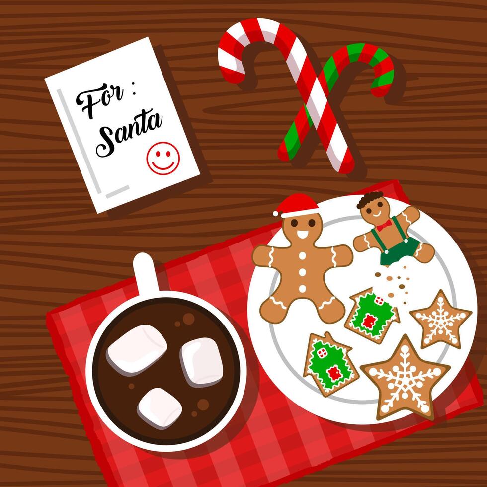 christmas food background with gingerbread, candy cane and hot chocolate vector