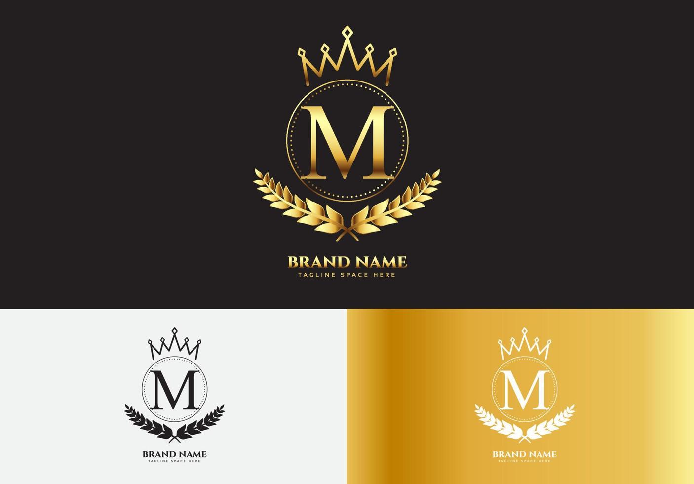 letra m, oro, lujo, corona, logotipo, concepto vector