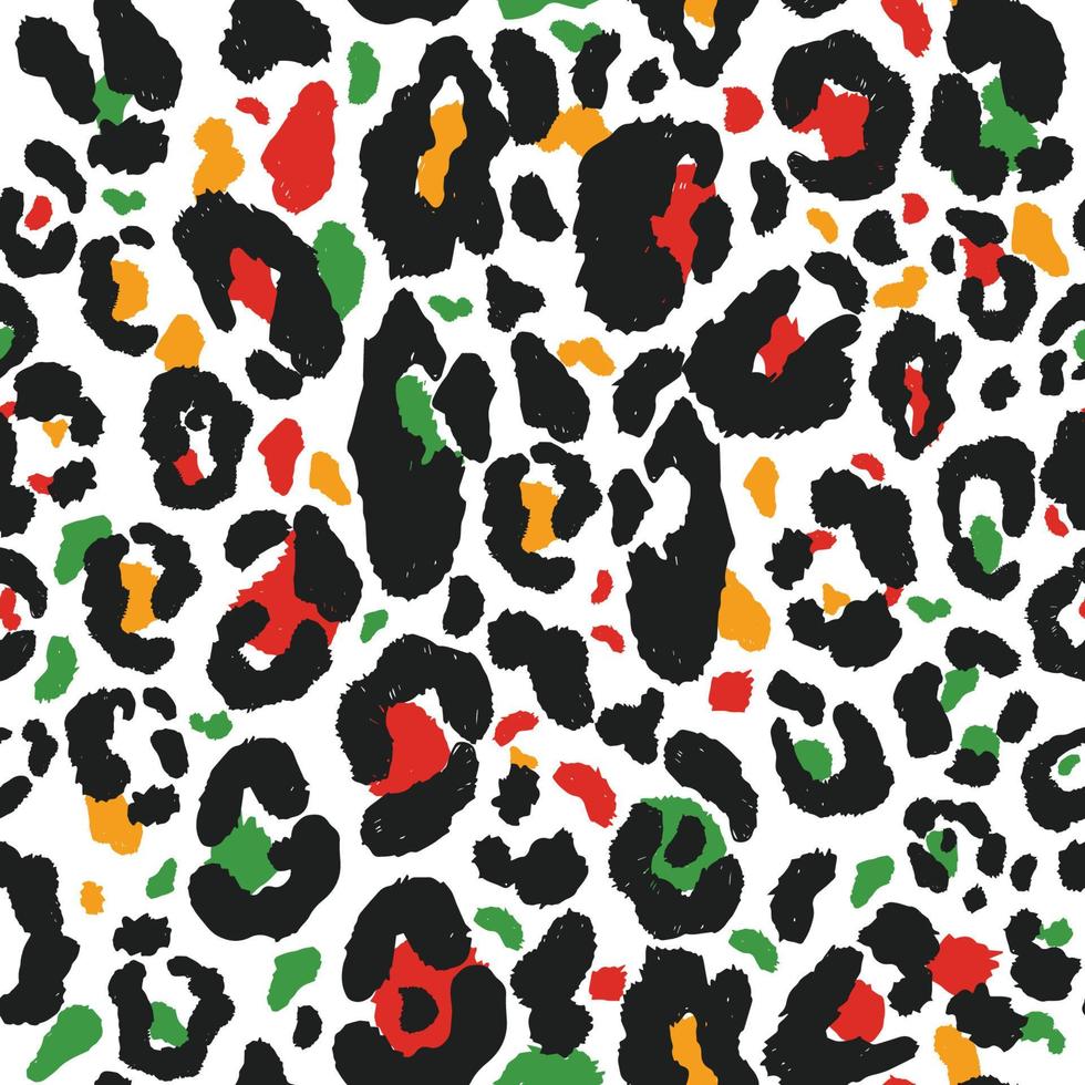 Vector seamless kwanzaa pattern with colored leopard print. Animal print. Cheetah african print on white background.