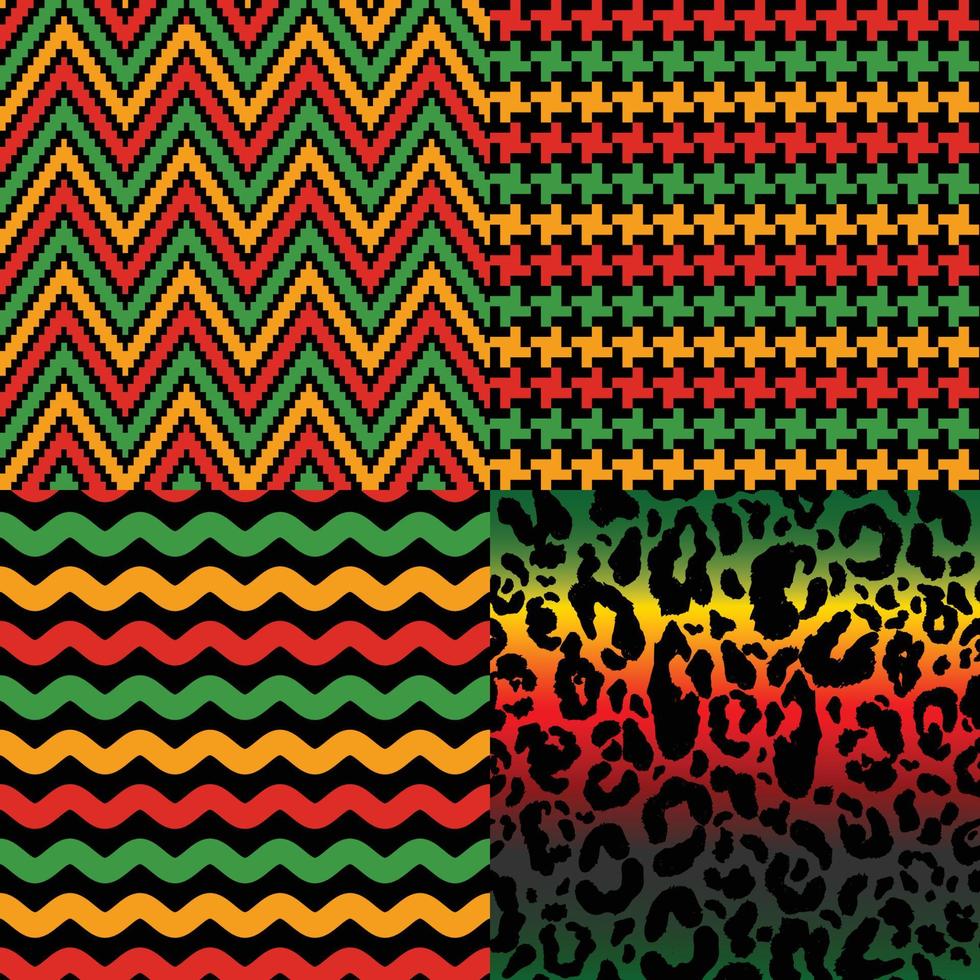 Vector seamless kwanzaa pattern set with colored leopard print and geomerrical seamless pattern. Animal print. Cheetah african print on white background.