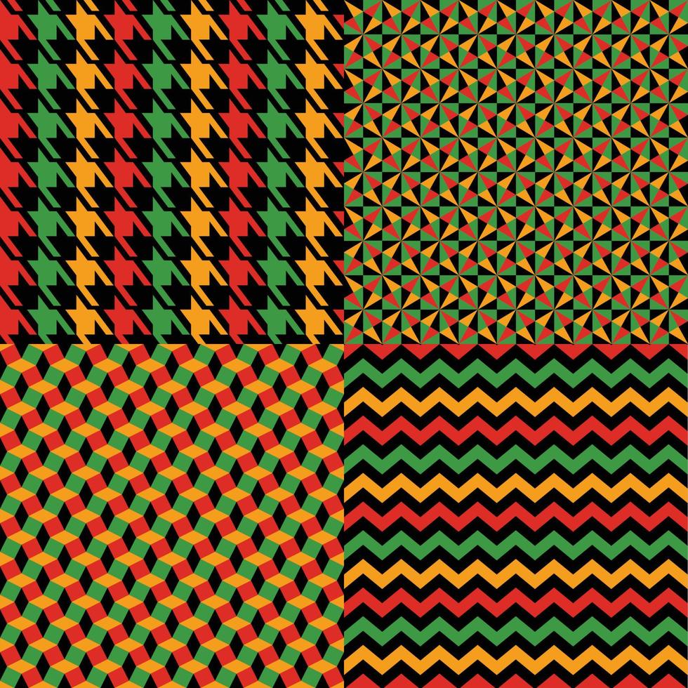 Vector seamless kwanzaa pattern set with colored print and geomerrical seamless and cage pattern. Bright print on black background. Scottish checkered background. Seamless fabric texture.