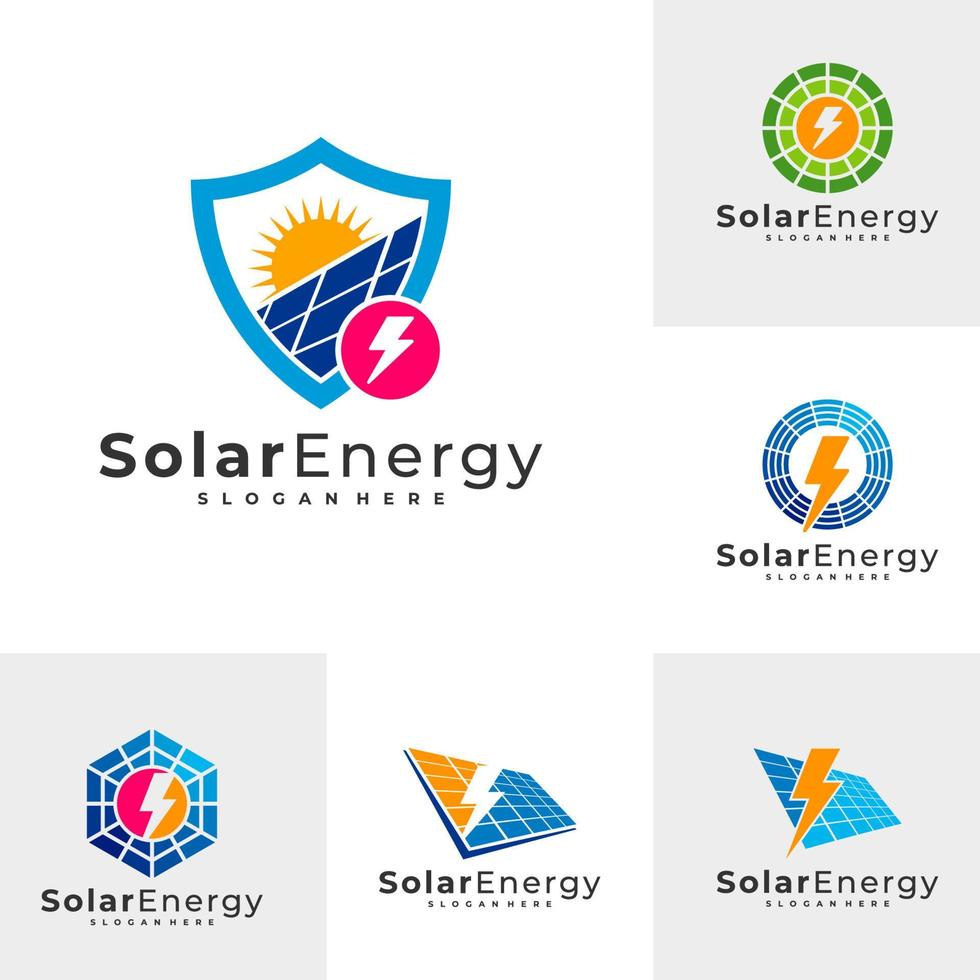 Conjunto de plantilla de vector de logotipo de energía solar, conceptos de diseño de logotipo de energía de panel solar creativo
