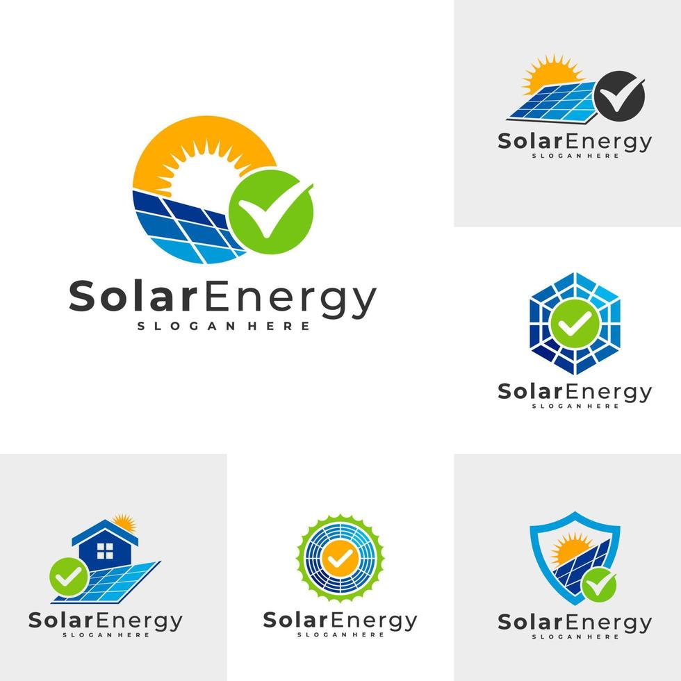 Conjunto de plantilla de vector de logotipo solar de verificación, conceptos de diseño de logotipo de energía de panel solar creativo