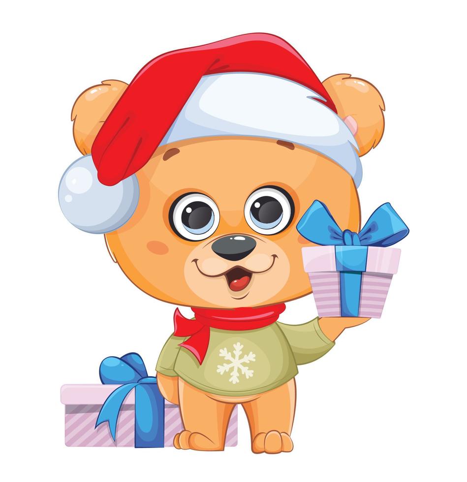 Merry Christmas. Funny bear in Santa hat vector