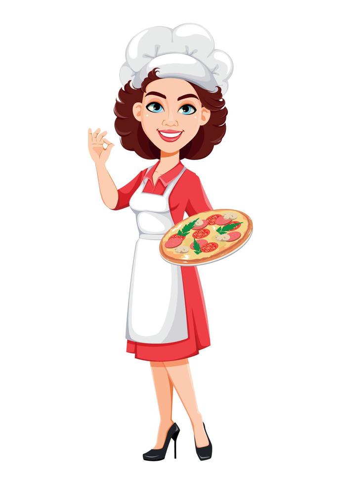 Chef woman holding pizza. Cook lady vector