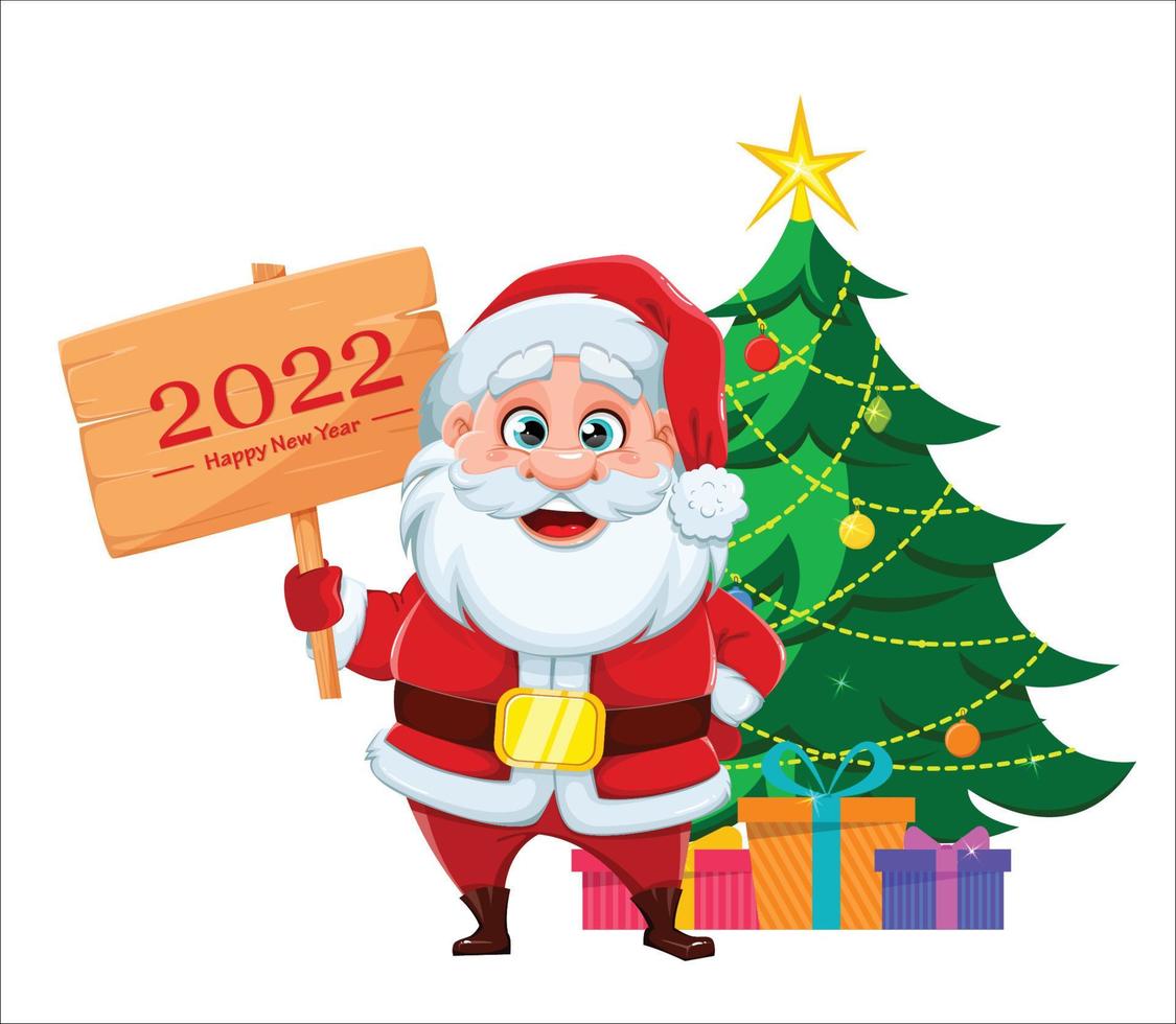 Cheerful Santa Claus standing near Christmas tree vector