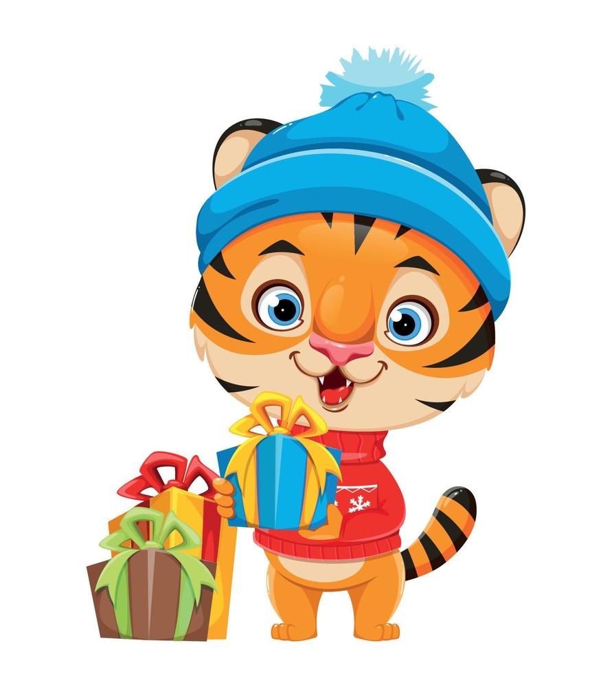 Merry Christmas. Cute cartoon character tiger vector