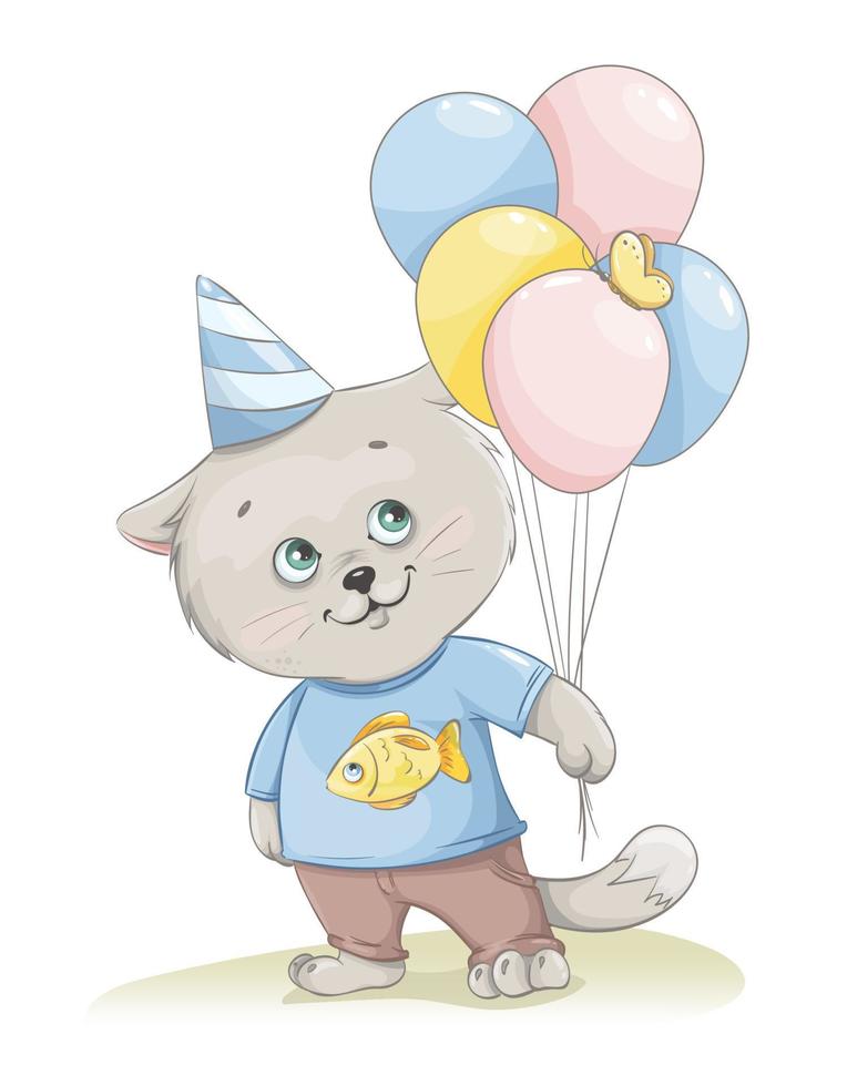 personaje de dibujos animados lindo gatito sosteniendo globos vector