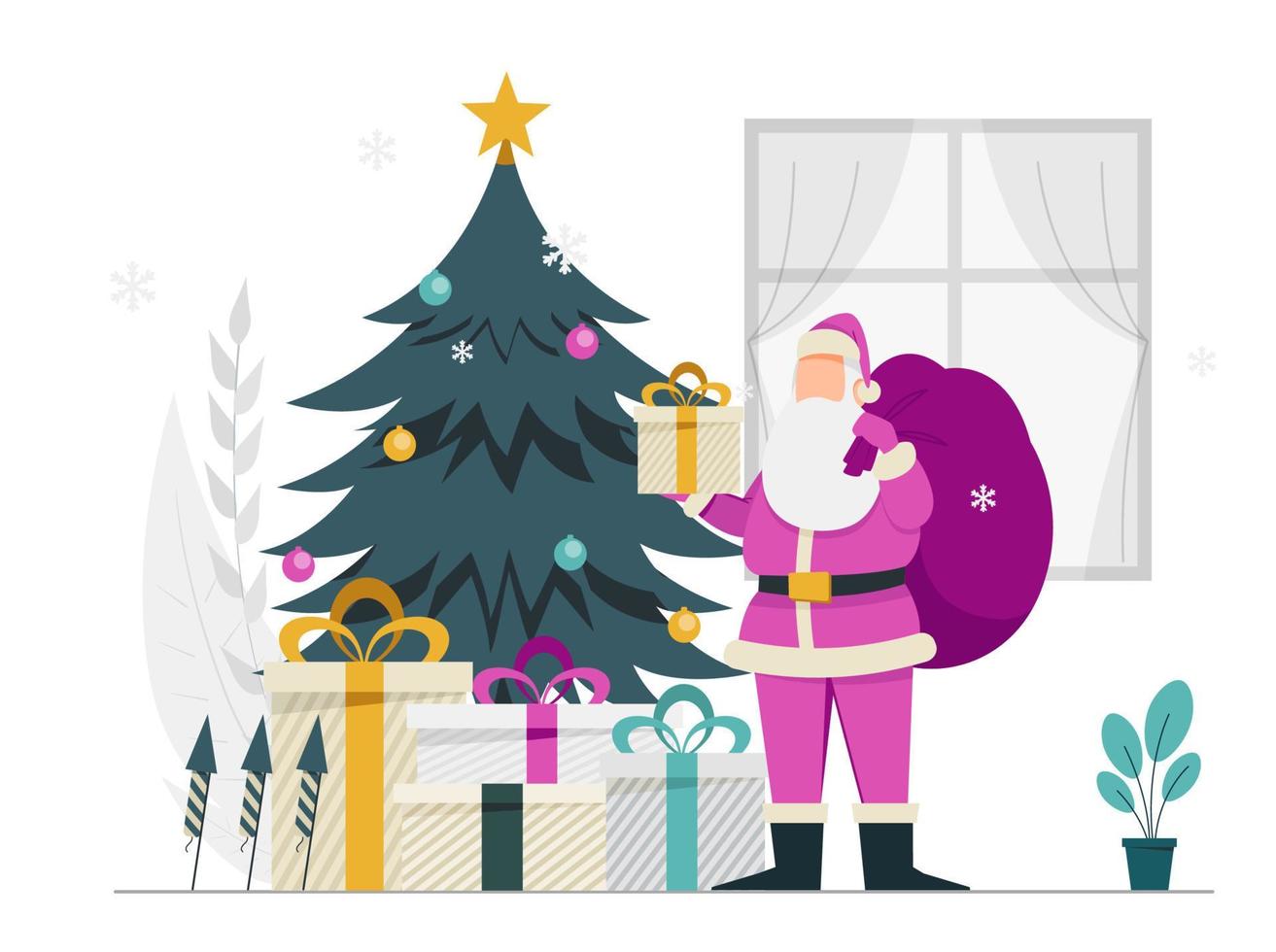 santa claus con regalos cerca del árbol de navidad. vector