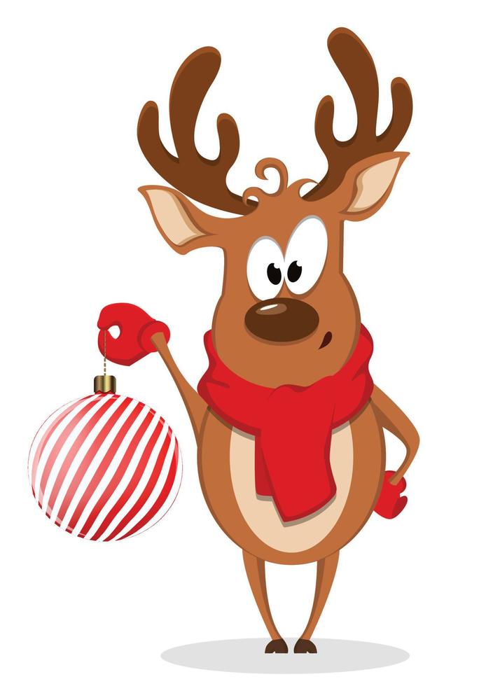 Merry Christmas greeting card with funny reindeer holding Christmas tree toy. vector