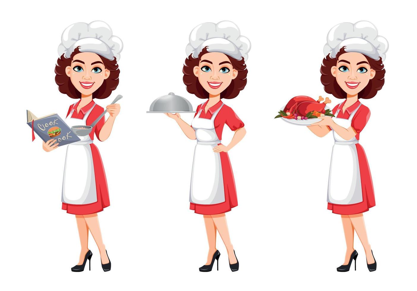 mujer chef, conjunto de tres poses. cocinera vector