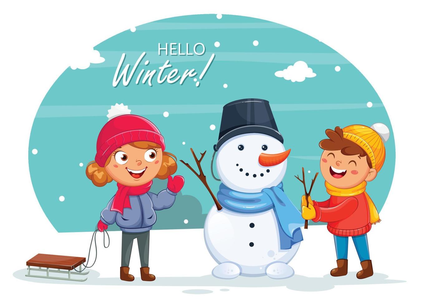 Cheerful kids playing with snowman vector