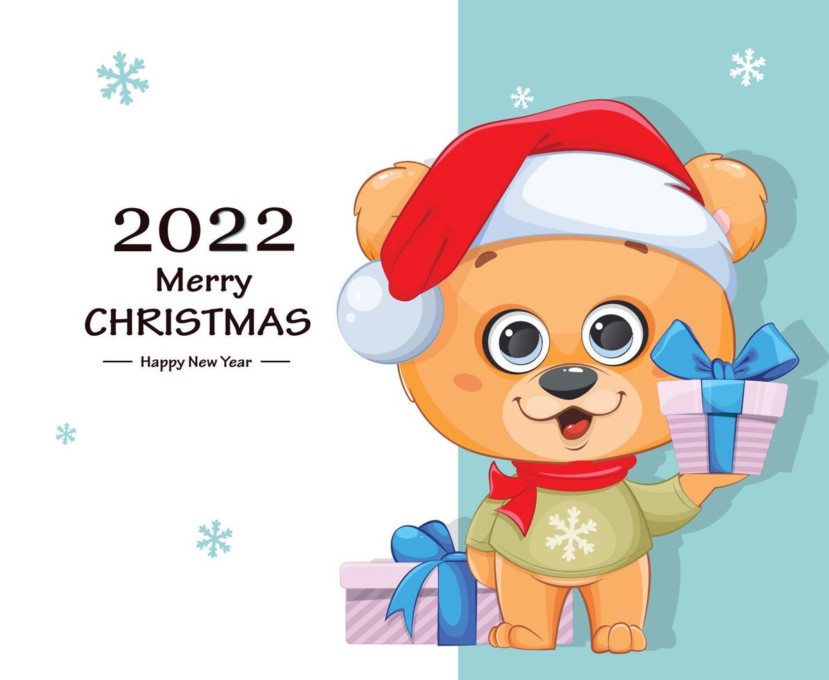 Merry Christmas. Funny bear in Santa hat vector