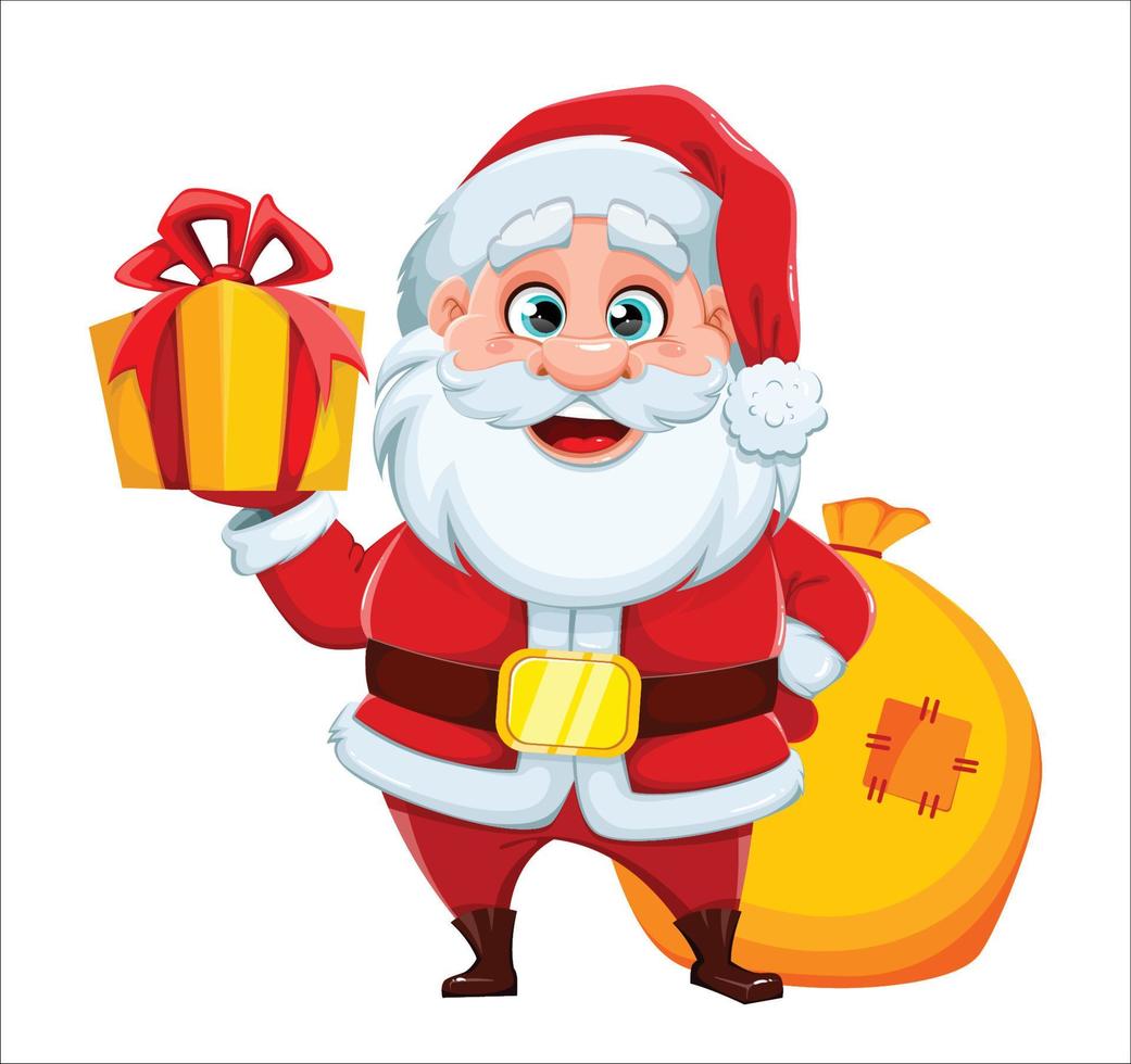 Cheerful Santa Claus holding gift box vector