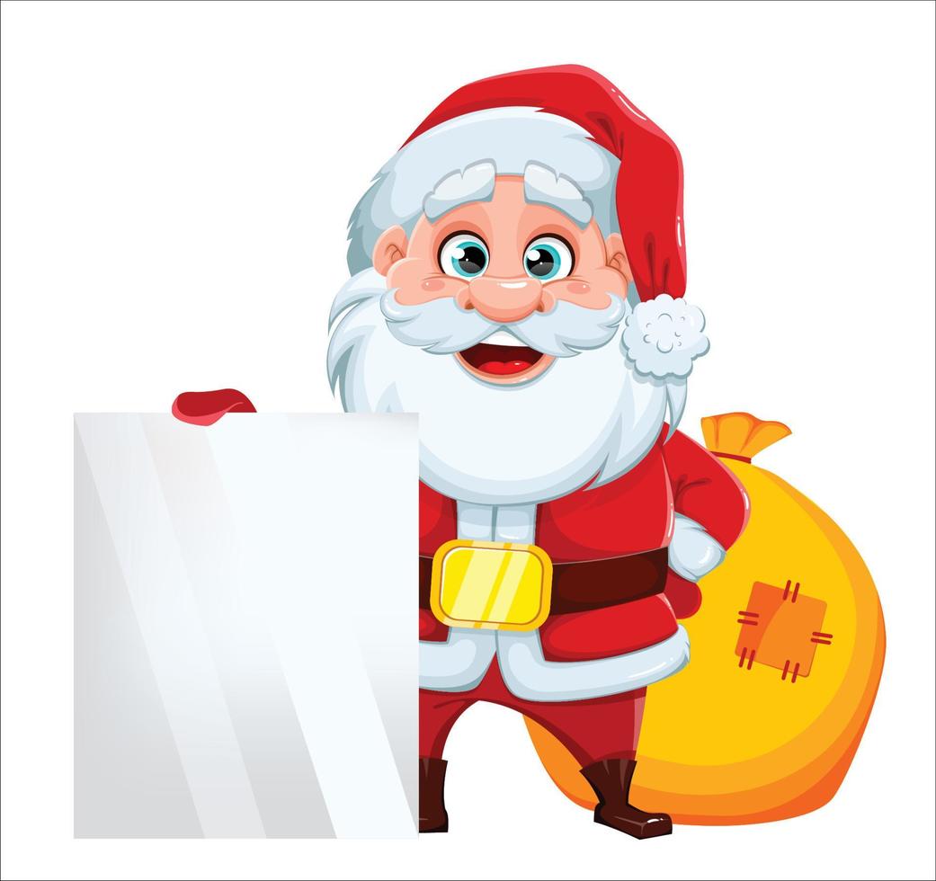 alegre santa claus de pie cerca de la pancarta en blanco vector