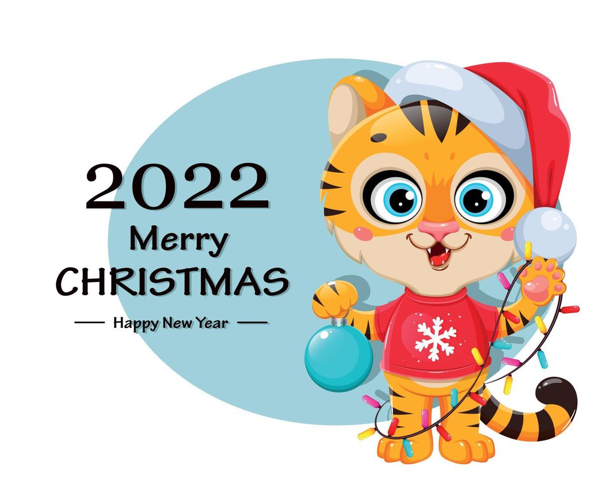 Cute cartoon character tiger in Santa hat vector