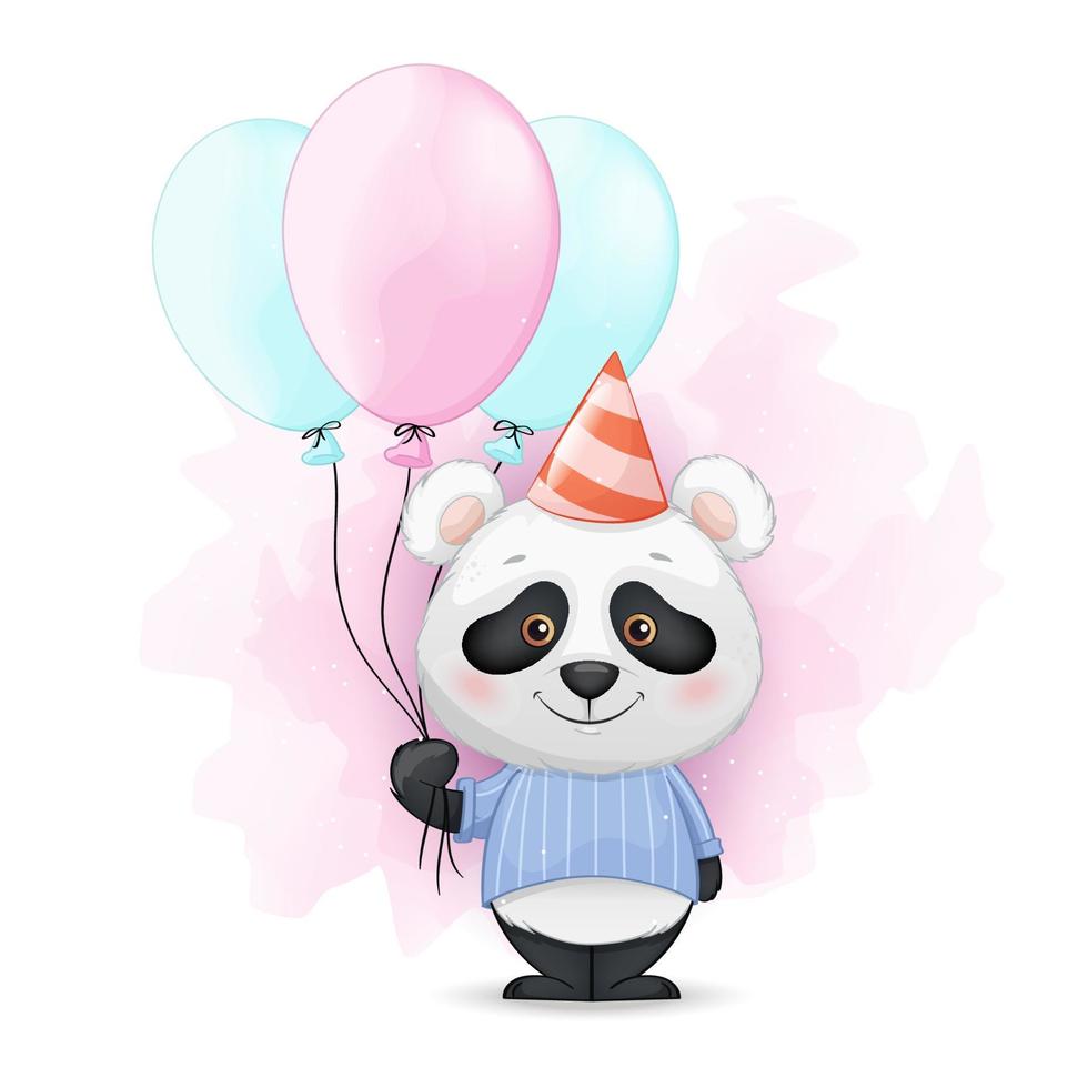 Divertido personaje de dibujos animados de panda en la fiesta de cumpleaños vector