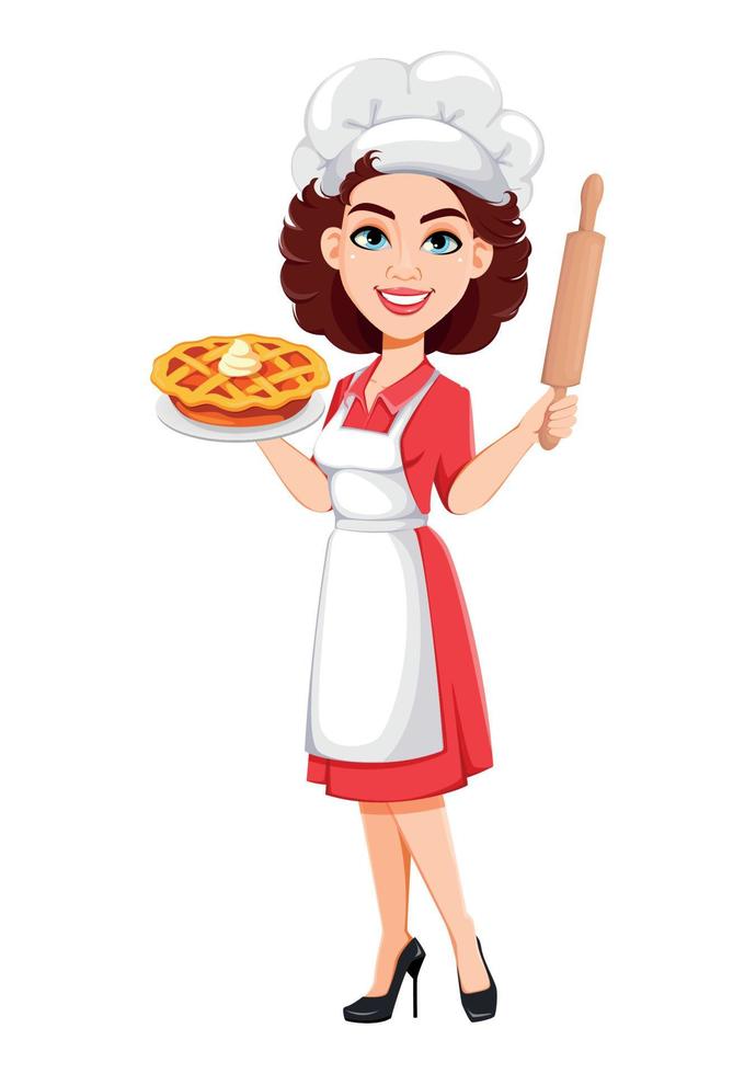 Chef woman holding tasty pie. Cook lady vector
