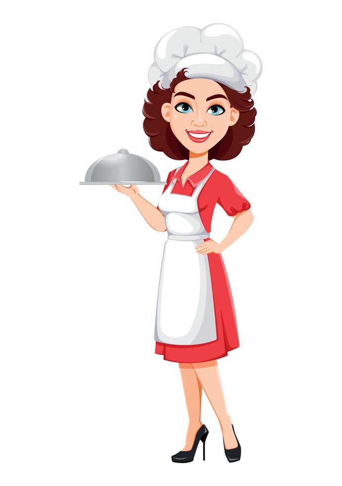 Chef woman holding restaurant cloche vector