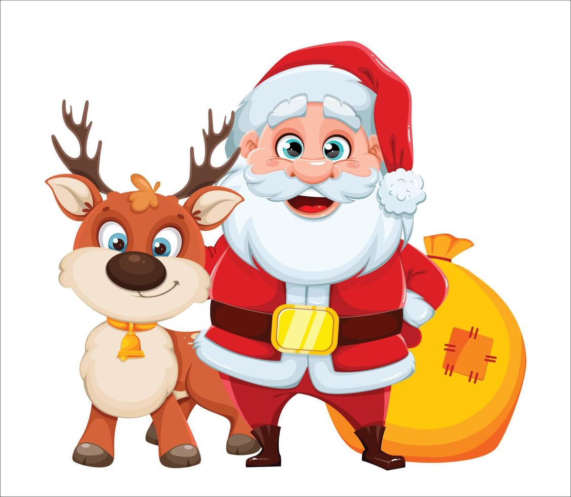 Cheerful Santa Claus standing near deer vector