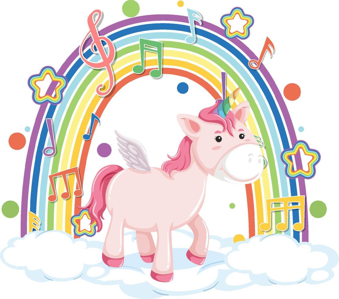 Unicorn standing on cloud with rainbow and melody symbol vector