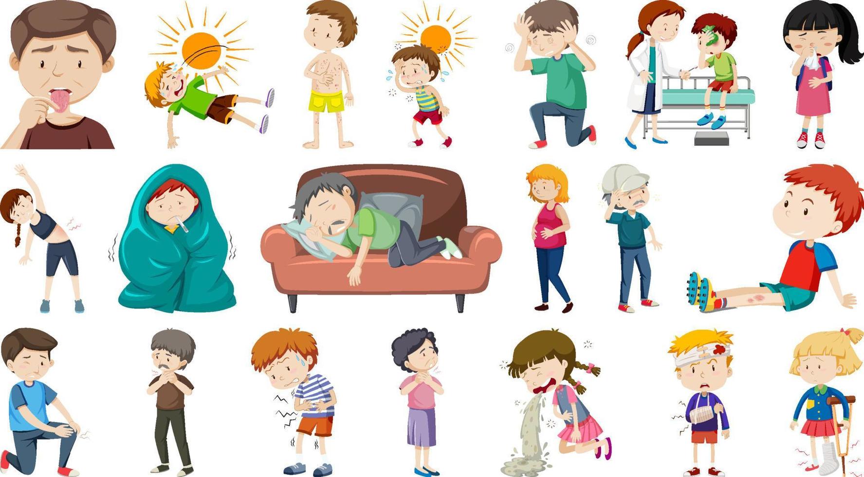 Set of sick people with different symptoms vector