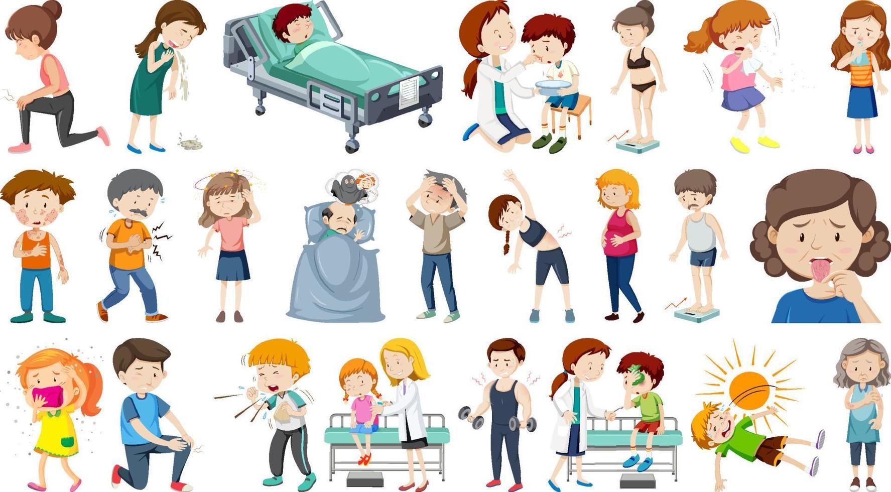 Set of sick people with different symptoms vector