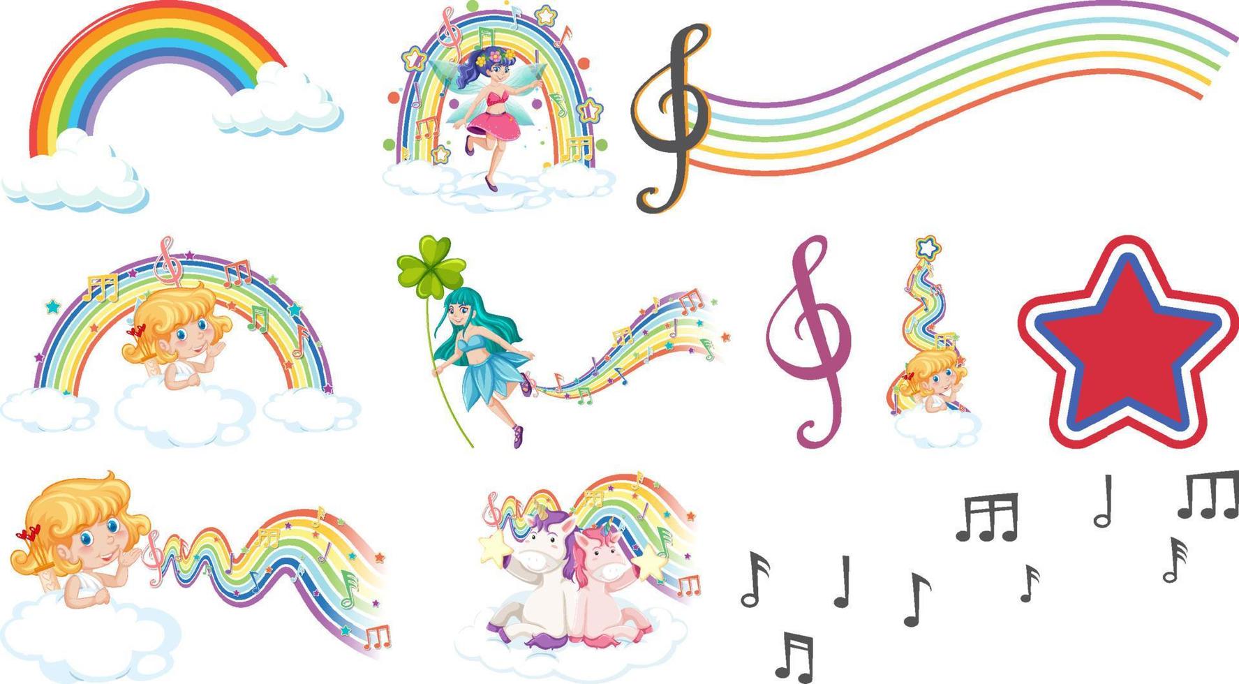 Set of fantasy fairies and cupids with rainbow elements vector