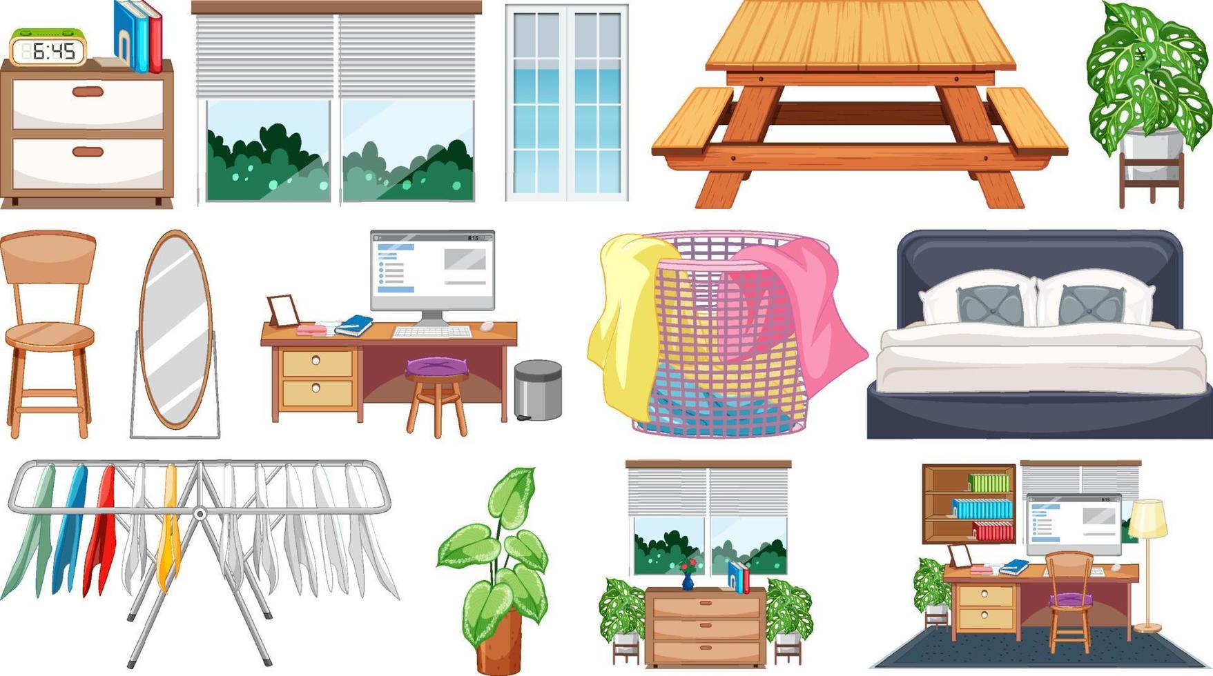 Set of interior furniture and decorations vector