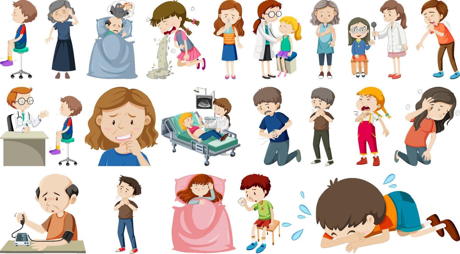 Set of sick people with different symptoms vector