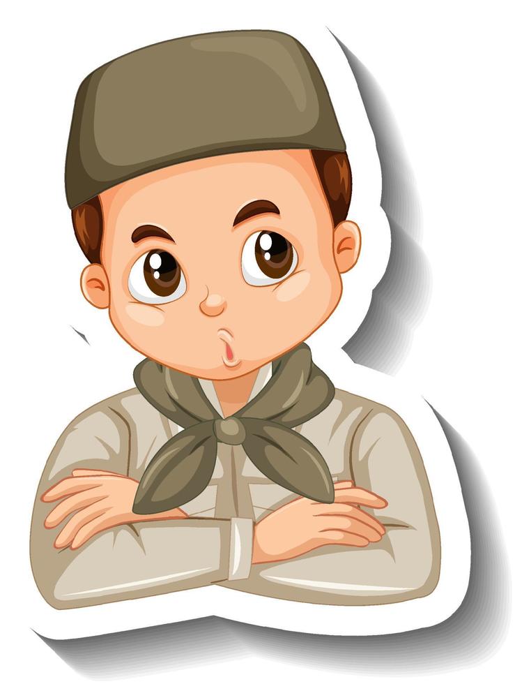 Muslim boy in safari outfit cartoon character sticker vector