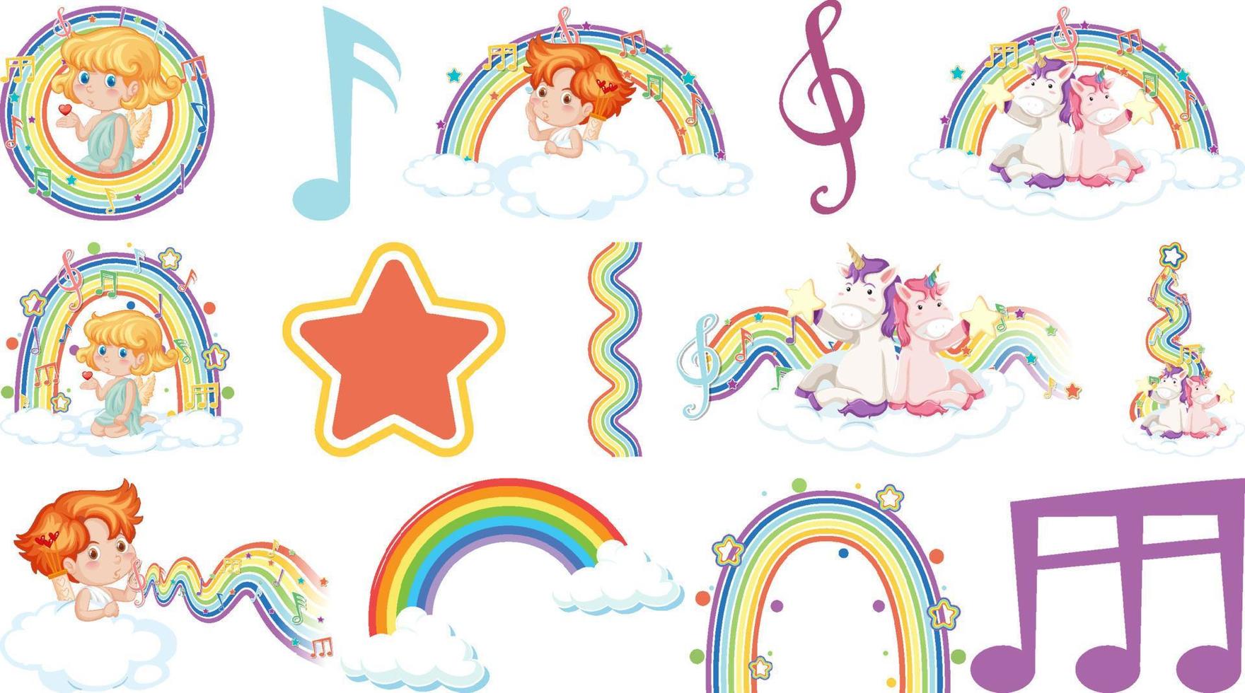 Set of fantasy fairies and cupids with rainbow elements vector