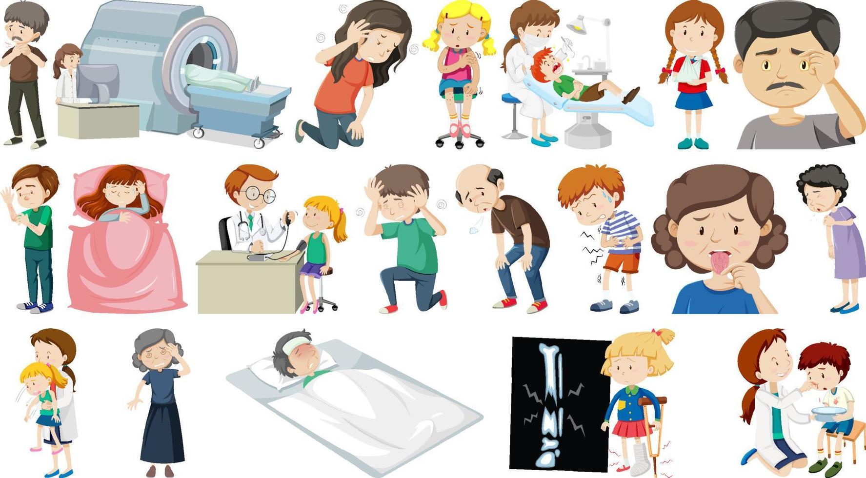 Set of sick people with different symptoms vector