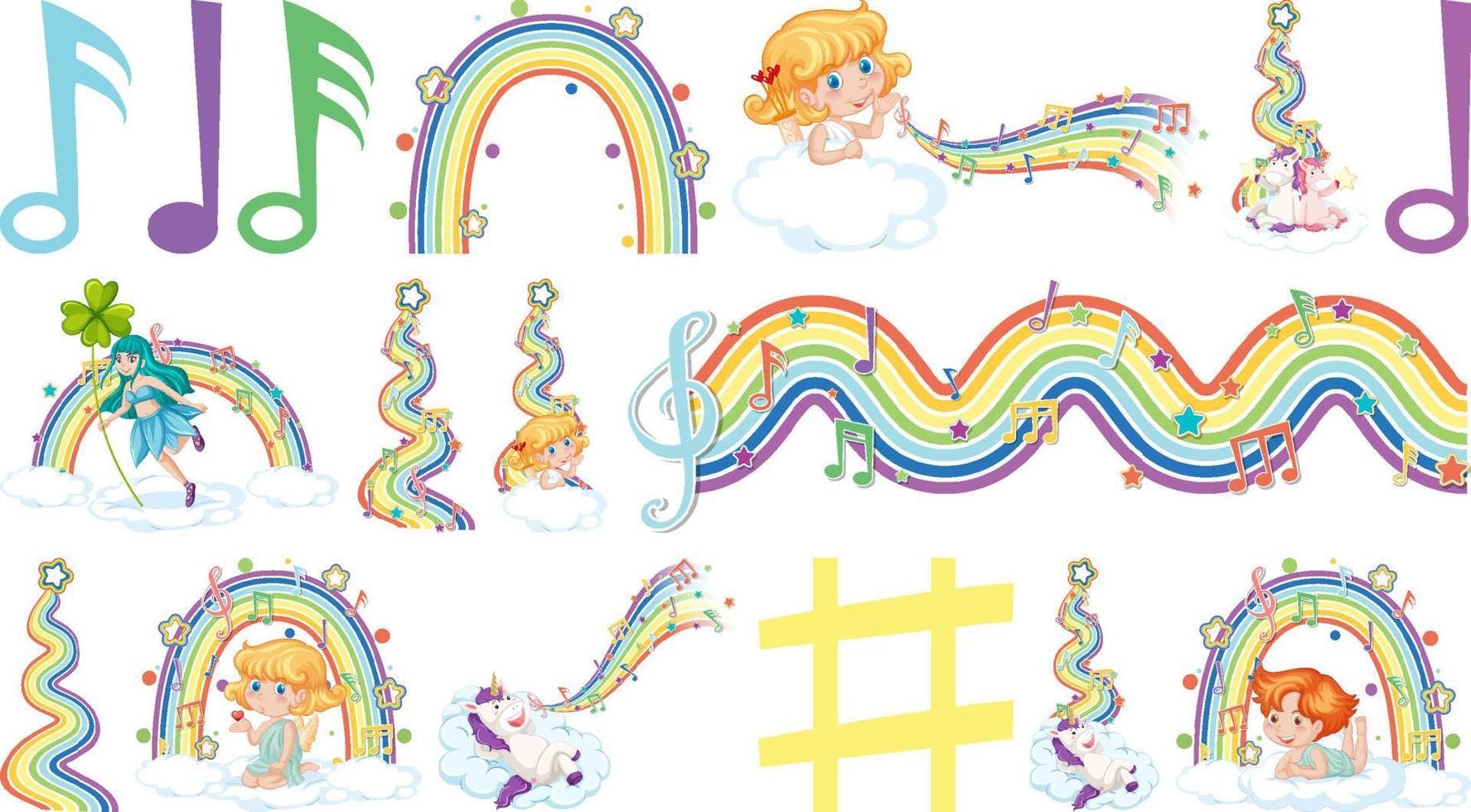 Set of fantasy fairies and cupids with rainbow elements vector