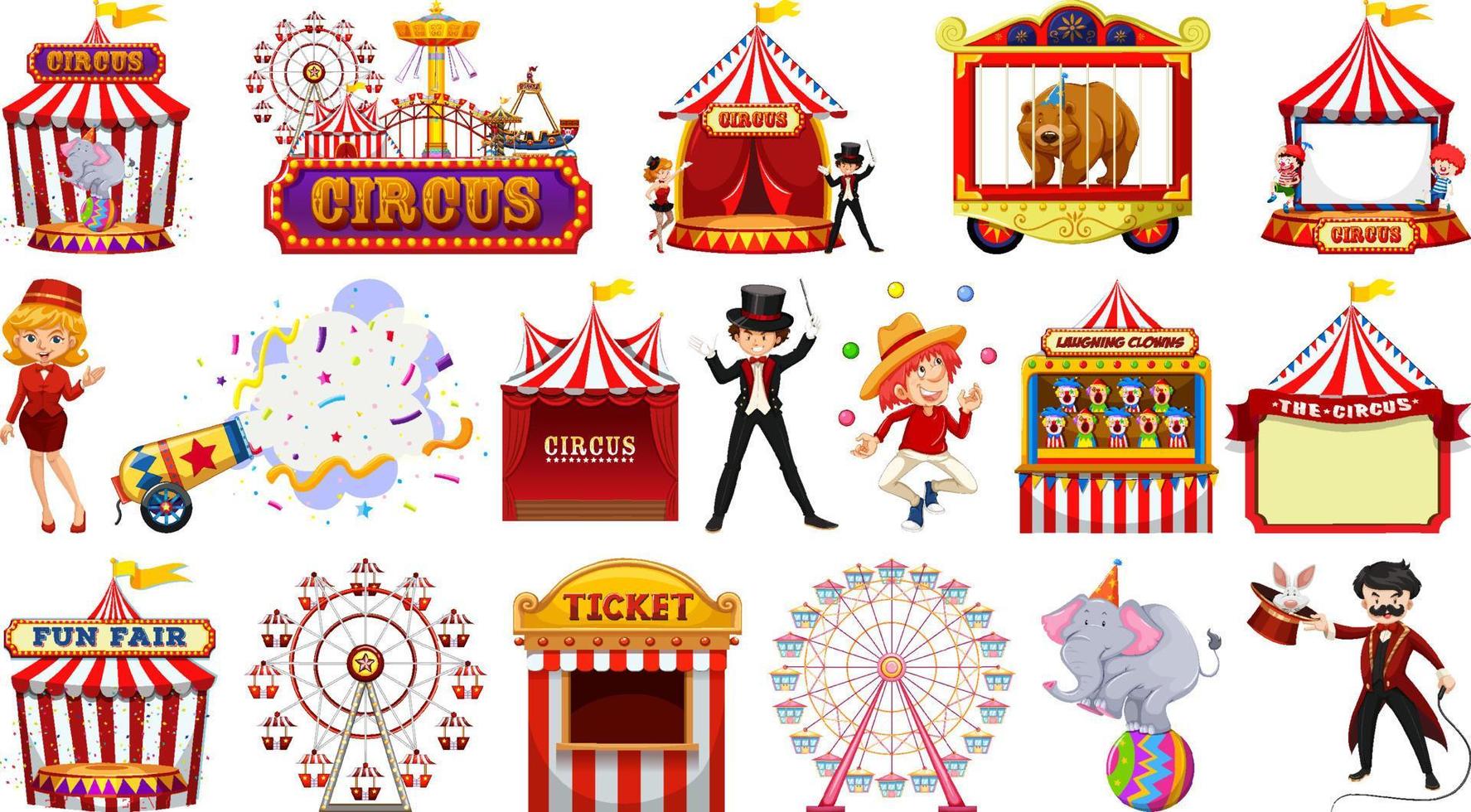 conjunto de personajes de circo y elementos del parque de atracciones. vector